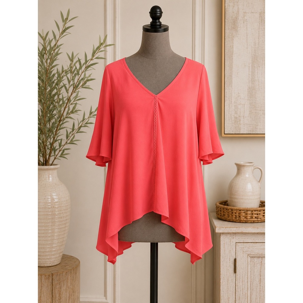 Chicos Coral Red V-Neck Flutter Sleeve Sharkbite Hem Blouse Top Size 1 Medium